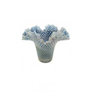 Vintage Fenton Moonstone Opalescent Hobnail Large Ruffled Vase 1940s